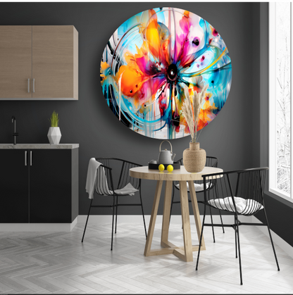 Abstracte bloemencompositie in primaire kleuren aluminium muurcirkel