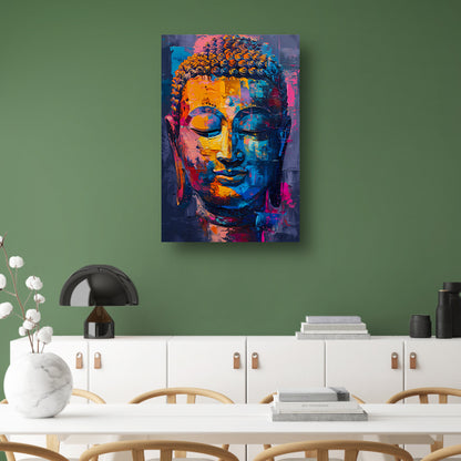 Abstract en kleurrijk Boeddha hoofd schilderij canvas met baklijst