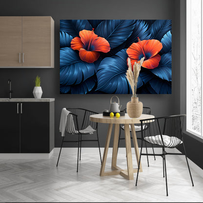 Rode Hibiscusbloemen met Blauwe Bladeren canvas