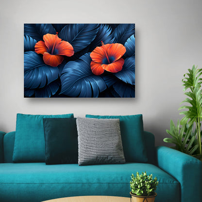 Rode Hibiscusbloemen met Blauwe Bladeren canvas