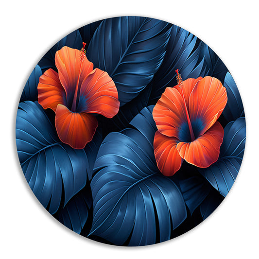 Rode Hibiscusbloemen met Blauwe Bladeren aluminium muurcirkel