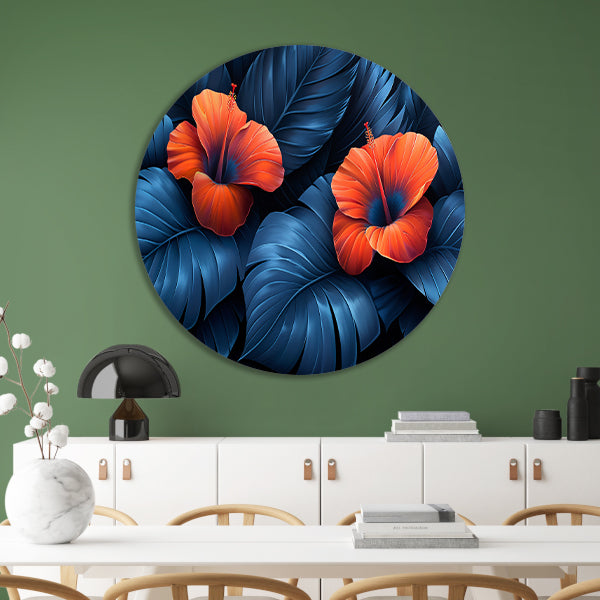 Rode Hibiscusbloemen met Blauwe Bladeren aluminium muurcirkel