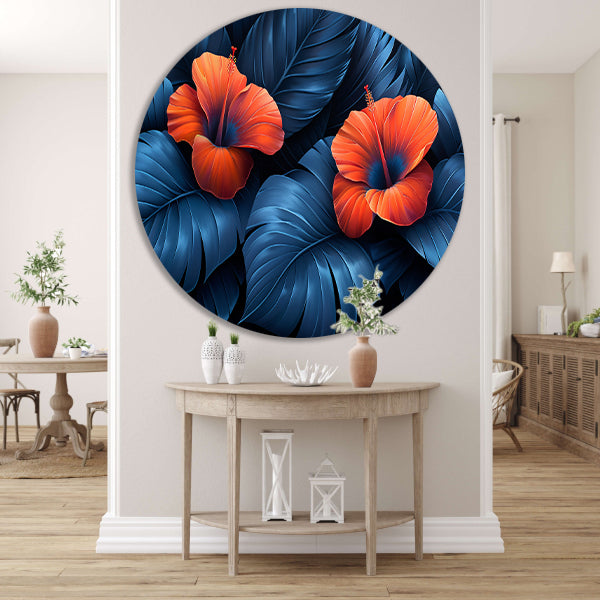 Rode Hibiscusbloemen met Blauwe Bladeren aluminium muurcirkel
