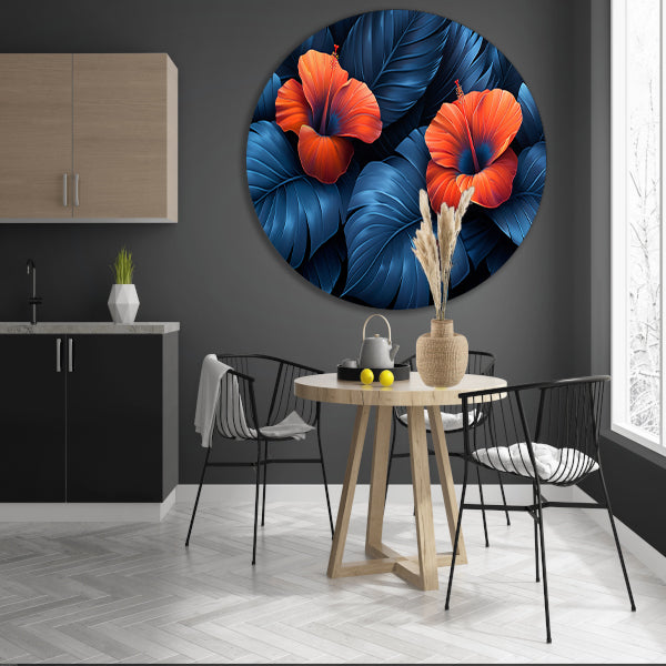 Rode Hibiscusbloemen met Blauwe Bladeren aluminium muurcirkel