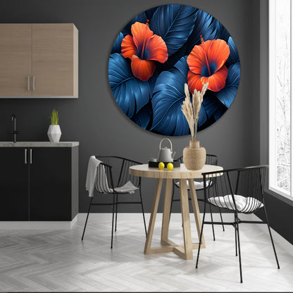 Rode Hibiscusbloemen met Blauwe Bladeren aluminium muurcirkel