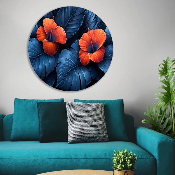 Rode Hibiscusbloemen met Blauwe Bladeren aluminium muurcirkel