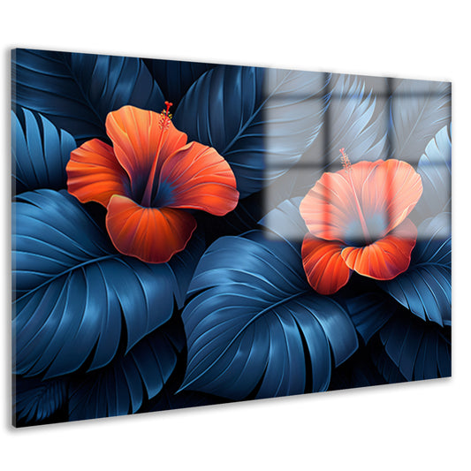 Rode Hibiscusbloemen met Blauwe Bladeren acrylglas