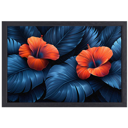 Rode Hibiscusbloemen met Blauwe Bladeren canvas met baklijst
