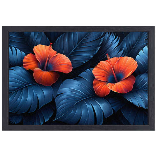 Rode Hibiscusbloemen met Blauwe Bladeren canvas met baklijst