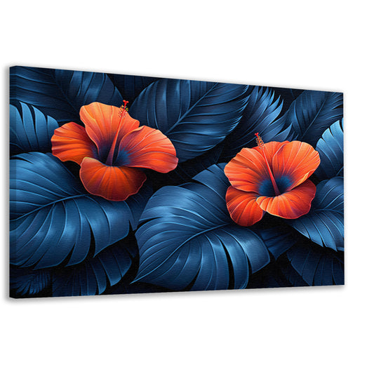 Rode Hibiscusbloemen met Blauwe Bladeren canvas