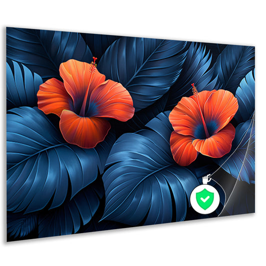 Rode Hibiscusbloemen met Blauwe Bladeren poster