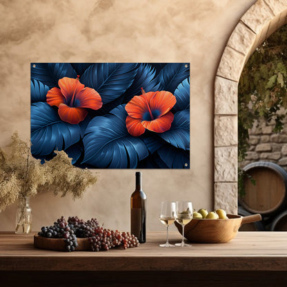 Rode Hibiscusbloemen met Blauwe Bladeren tuinposter