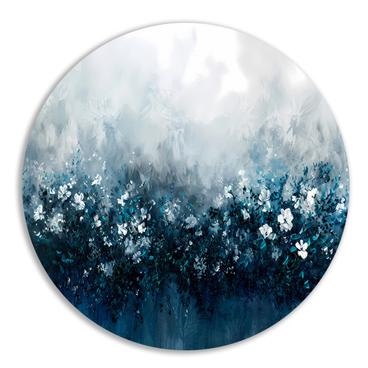 Abstract bloemenveld in blauwe tinten aluminium muurcirkel