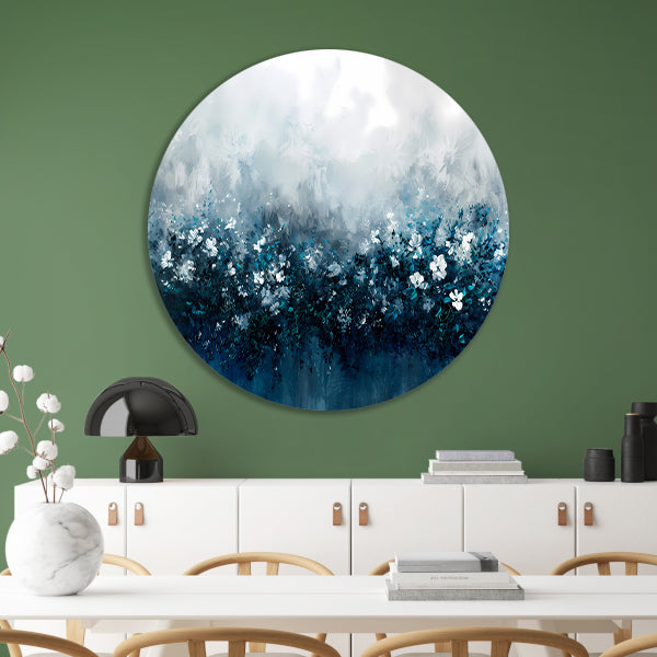 Abstract bloemenveld in blauwe tinten aluminium muurcirkel