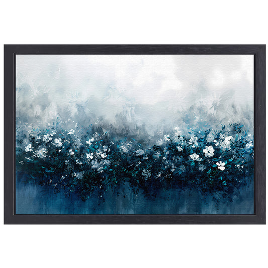 Abstract bloemenveld in blauwe tinten canvas met baklijst