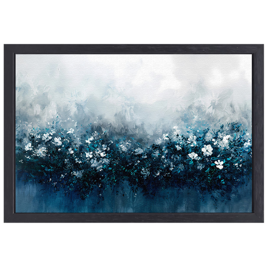 Abstract bloemenveld in blauwe tinten canvas met baklijst