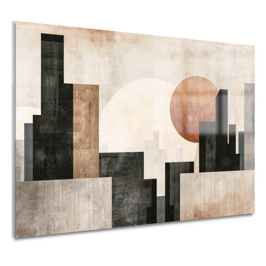 Minimalistische zonsondergang en stadssilhouet acrylglas