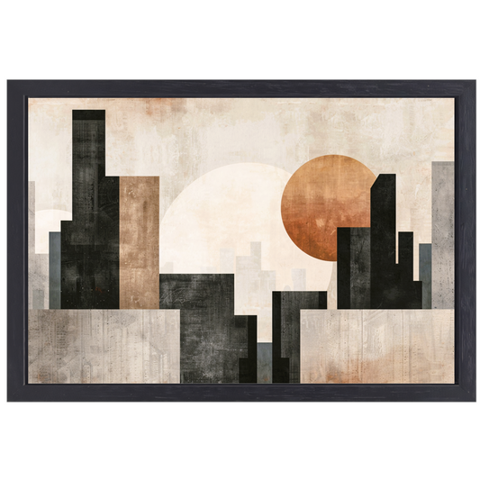 Minimalistische zonsondergang en stadssilhouet canvas met baklijst