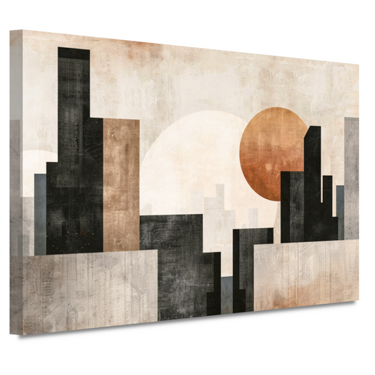 Minimalistische zonsondergang en stadssilhouet canvas