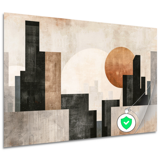 Minimalistische zonsondergang en stadssilhouet poster