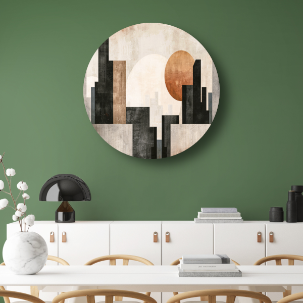Minimalistische zonsondergang en stadssilhouet forex muurcirkel