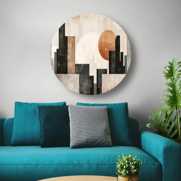 Minimalistische zonsondergang en stadssilhouet forex muurcirkel