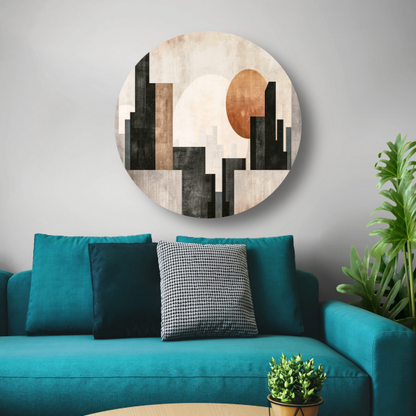 Minimalistische zonsondergang en stadssilhouet forex muurcirkel