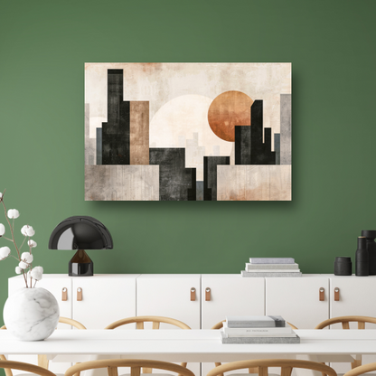 Minimalistische zonsondergang en stadssilhouet poster