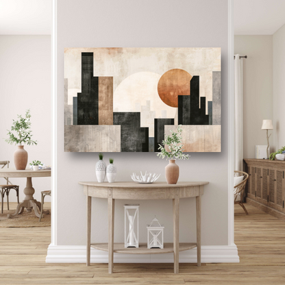Minimalistische zonsondergang en stadssilhouet poster