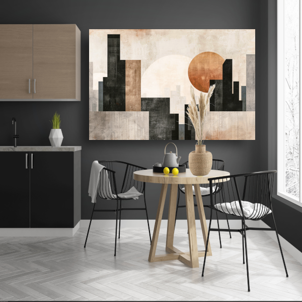 Minimalistische zonsondergang en stadssilhouet poster