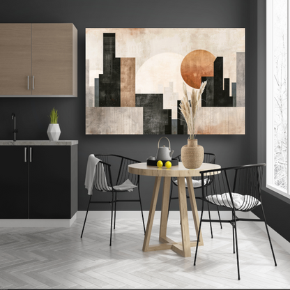 Minimalistische zonsondergang en stadssilhouet poster