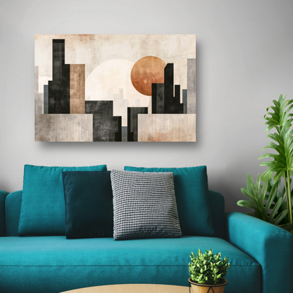 Minimalistische zonsondergang en stadssilhouet poster