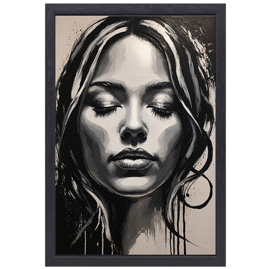 Dromend Vrouwengezicht in Monochroom Contrast canvas met baklijst