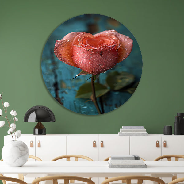 Roze Roos met Dauwdruppels aluminium muurcirkel