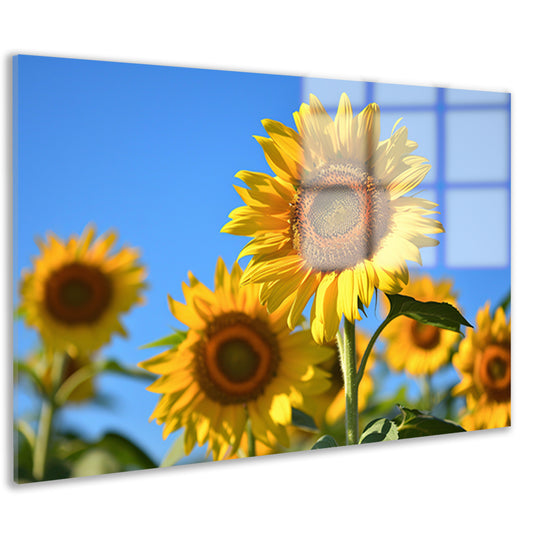 Gouden zonnebloemen onder een helderblauwe hemel acrylglas
