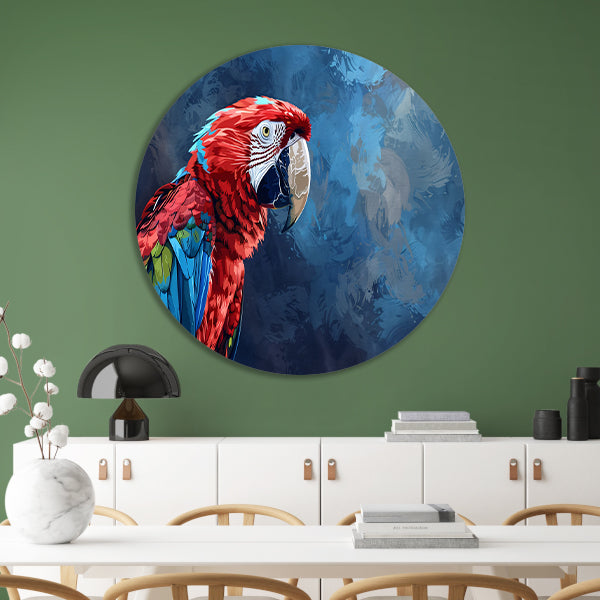 Levendige digitale kunst van kleurrijke papegaai aluminium muurcirkel