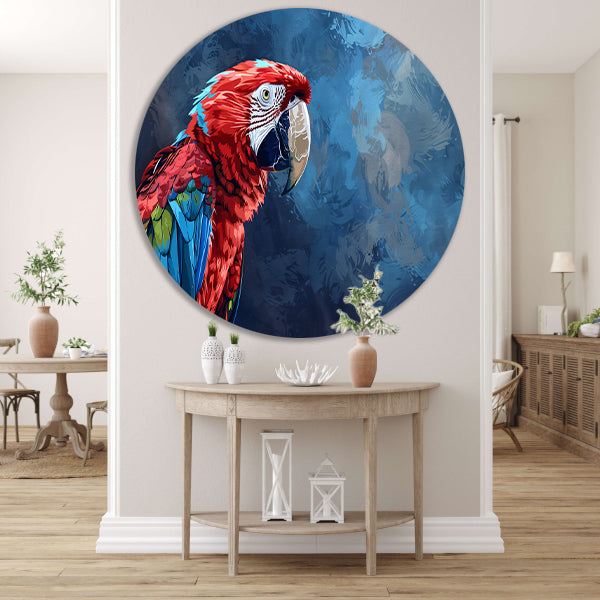 Levendige digitale kunst van kleurrijke papegaai aluminium muurcirkel