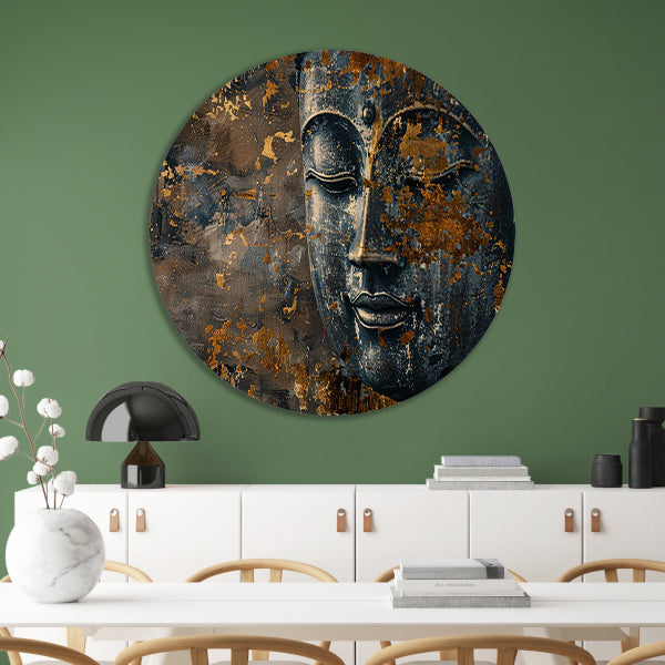 Mysterieuze Boeddha met gouden accenten aluminium muurcirkel