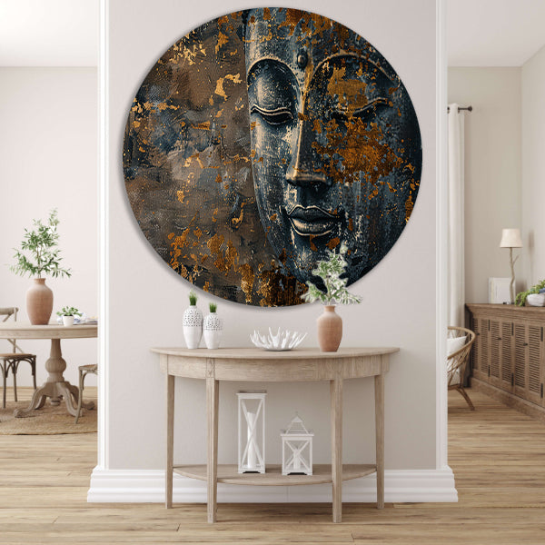 Mysterieuze Boeddha met gouden accenten aluminium muurcirkel