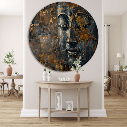 Mysterieuze Boeddha met gouden accenten aluminium muurcirkel