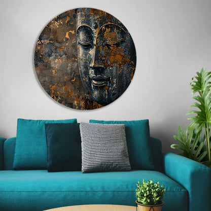 Mysterieuze Boeddha met gouden accenten aluminium muurcirkel