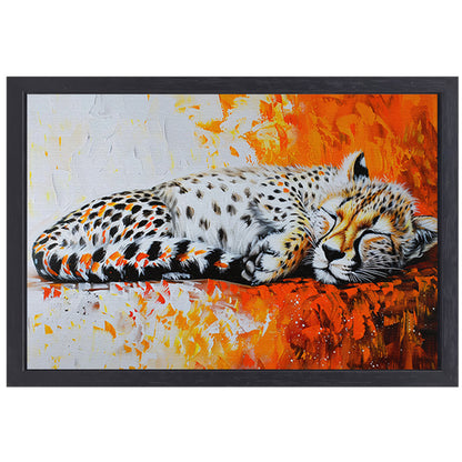 Slapende cheeta met kleurrijke oranje achtergrond canvas met baklijst