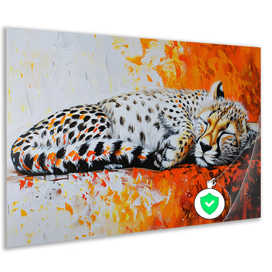 Slapende cheeta met kleurrijke oranje achtergrond poster