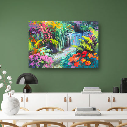 Impressionistische waterval met kleurrijke bloemenpracht poster