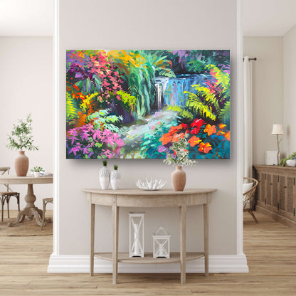Impressionistische waterval met kleurrijke bloemenpracht poster