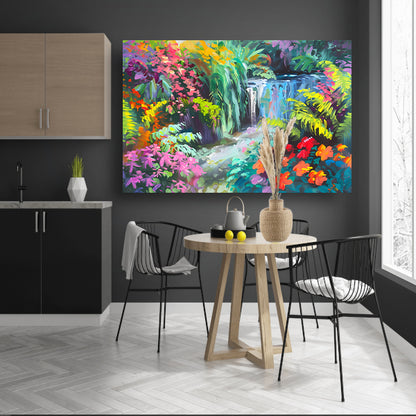 Impressionistische waterval met kleurrijke bloemenpracht poster