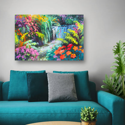 Impressionistische waterval met kleurrijke bloemenpracht poster