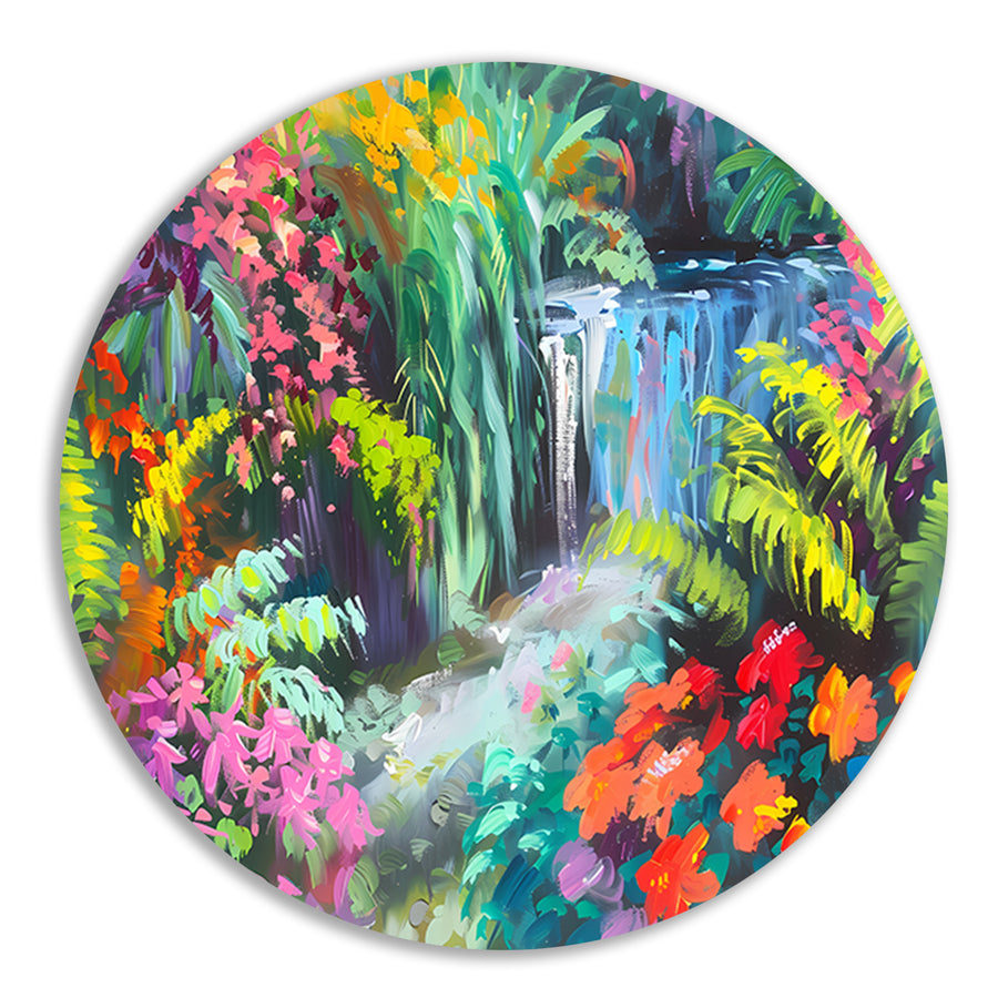 Impressionistische waterval met kleurrijke bloemenpracht aluminium muurcirkel