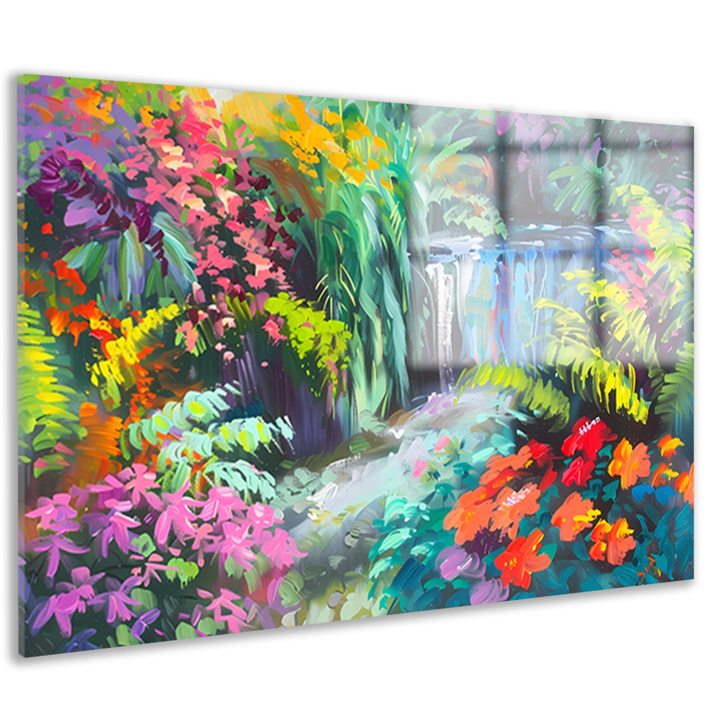 Impressionistische waterval met kleurrijke bloemenpracht acrylglas