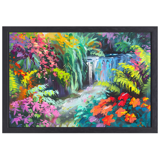 Impressionistische waterval met kleurrijke bloemenpracht canvas met baklijst